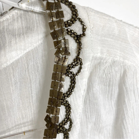 Lucky Brand Gauze Sheer White Blouse w/ Bronze Tone Embellishments Draws… - Picture 8 of 14